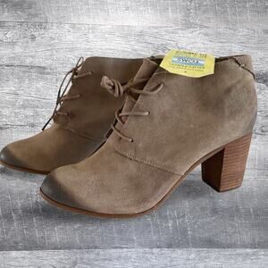 Toms NEW Lunata Lace Up Suede Bootie Womens 12 Desert Taupe Wooden Block Heel